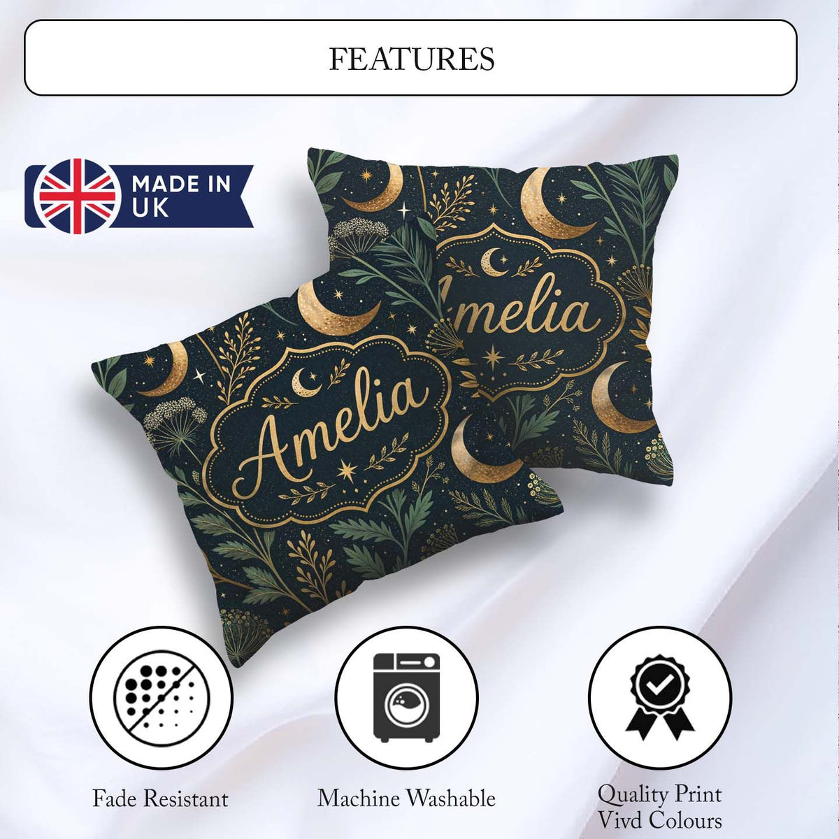 Custom Name Golden Moon Stars Night Sky Botanical Garden Pattern Square Filled Cushion Throw Pillow Sofa Bed Home Decor Zip Washable UK Made