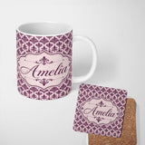 Personalized Custom Name Classic Plum Damask Floral Repeat Pattern Elegant Background Name 11oz Ceramic Coffee Tea Mug White Large Handle