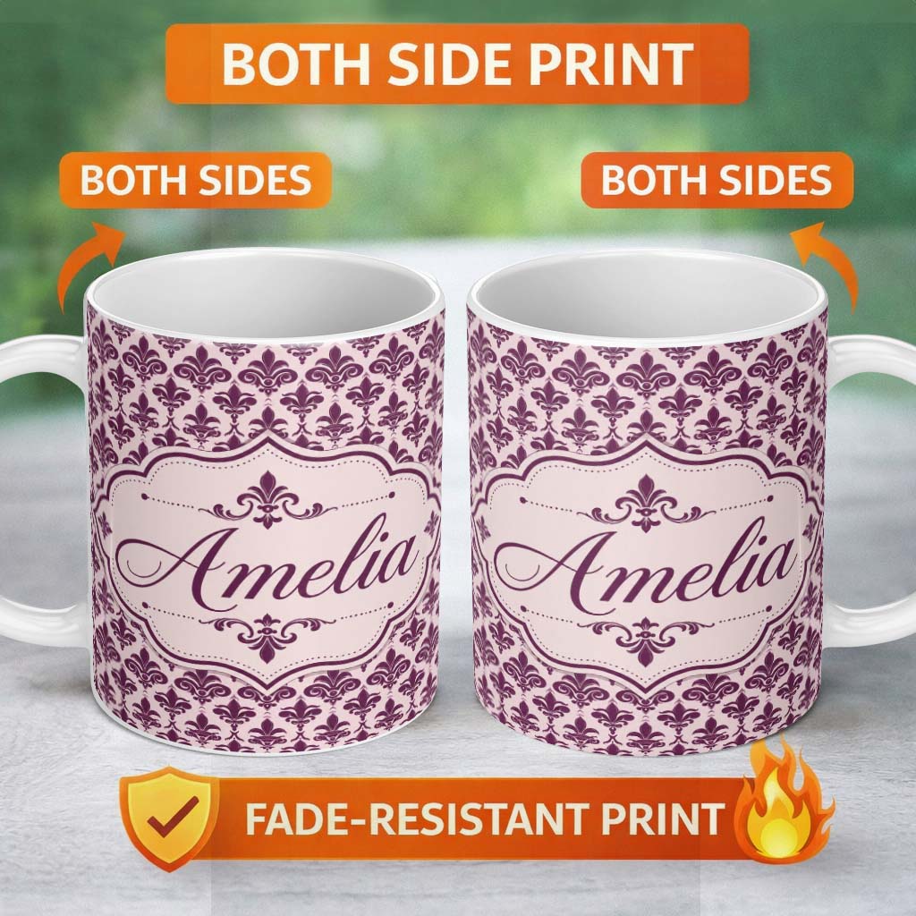 Personalized Custom Name Classic Plum Damask Floral Repeat Pattern Elegant Background Name 11oz Ceramic Coffee Tea Mug White Large Handle