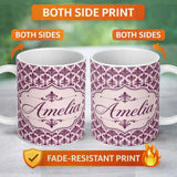 Personalized Custom Name Classic Plum Damask Floral Repeat Pattern Elegant Background Name 11oz Ceramic Coffee Tea Mug White Large Handle