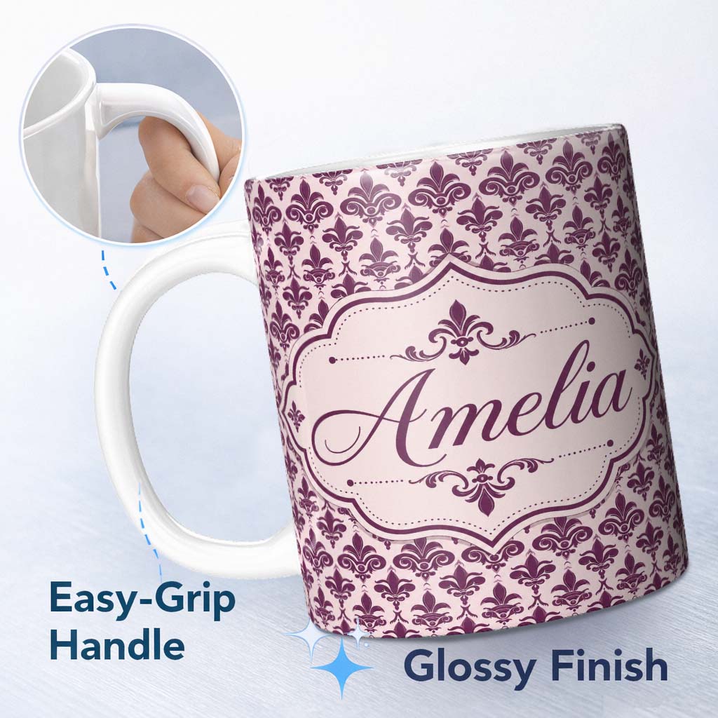 Personalized Custom Name Classic Plum Damask Floral Repeat Pattern Elegant Background Name 11oz Ceramic Coffee Tea Mug White Large Handle