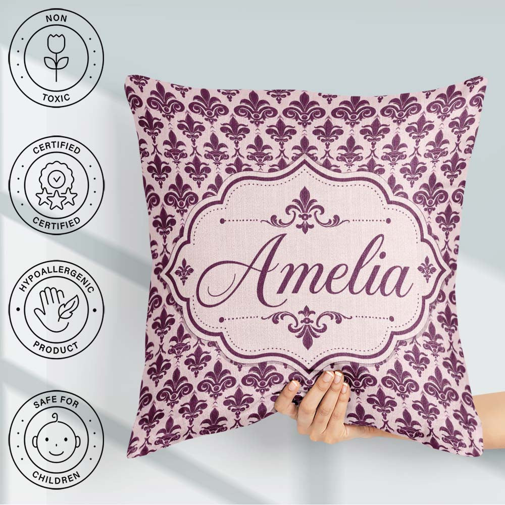 Custom Name Classic Plum Damask Floral Repeat Pattern Background Square Filled Cushion Throw Pillow Sofa Bed Home Decor Zip Washable UK Made