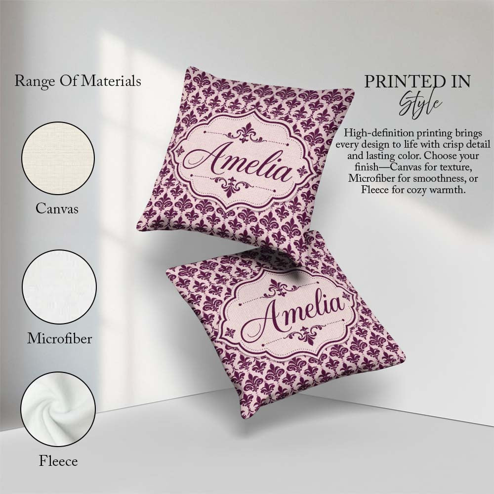 Custom Name Classic Plum Damask Floral Repeat Pattern Background Square Filled Cushion Throw Pillow Sofa Bed Home Decor Zip Washable UK Made