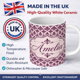 Personalized Custom Name Classic Plum Damask Floral Repeat Pattern Elegant Background Name 11oz Ceramic Coffee Tea Mug White Large Handle