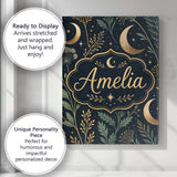 Personalised Name Golden Moon Stars Night Sky Botanical Garden Custom Modern Room Accent Canvas Wall Art Print Decor Picture Ready to Hang
