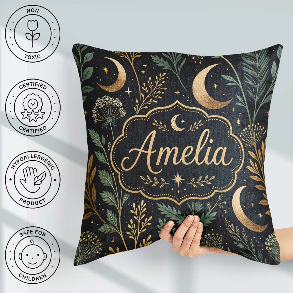 Custom Name Golden Moon Stars Night Sky Botanical Garden Pattern Square Filled Cushion Throw Pillow Sofa Bed Home Decor Zip Washable UK Made