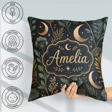 Custom Name Golden Moon Stars Night Sky Botanical Garden Pattern Square Filled Cushion Throw Pillow Sofa Bed Home Decor Zip Washable UK Made
