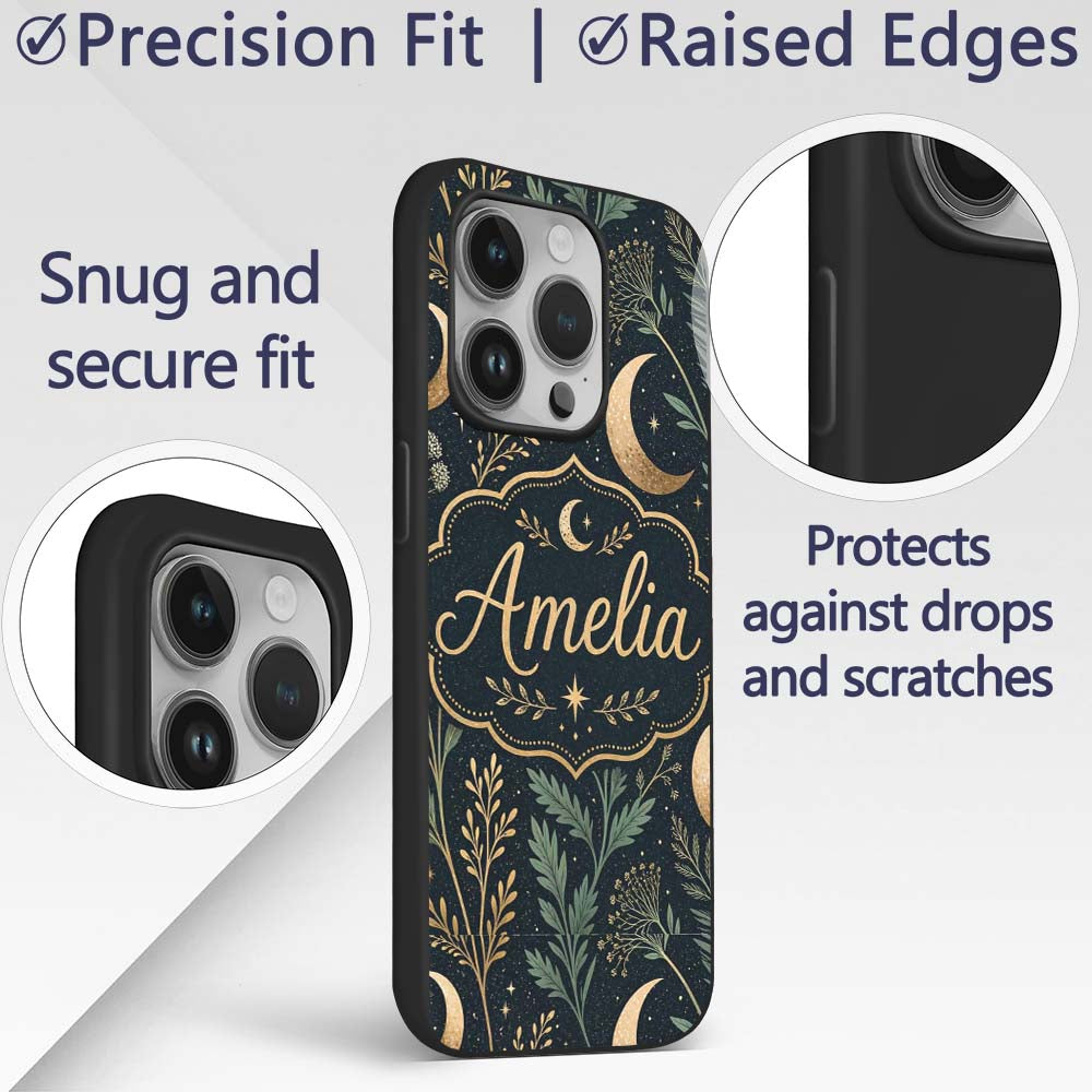 Golden Moon Stars Night Sky Botanical Garden Custom Name Protective Phone Case Mobile Cover Durable Everyday Smartphone Shock Resistant