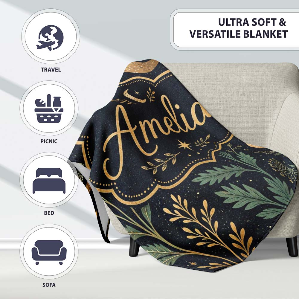 Golden Moon Stars Night Sky Botanical Garden Seamless Pattern Lovely  Personalised Custom Name Super Soft Fleece Blanket Bed Sofa Throw