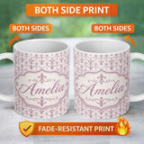 Personalized Custom Name Soft Lavender Ornate Fleur De Lis Seamless Pattern Subtle Vintage 11oz Ceramic Coffee Tea Mug White Large Handle