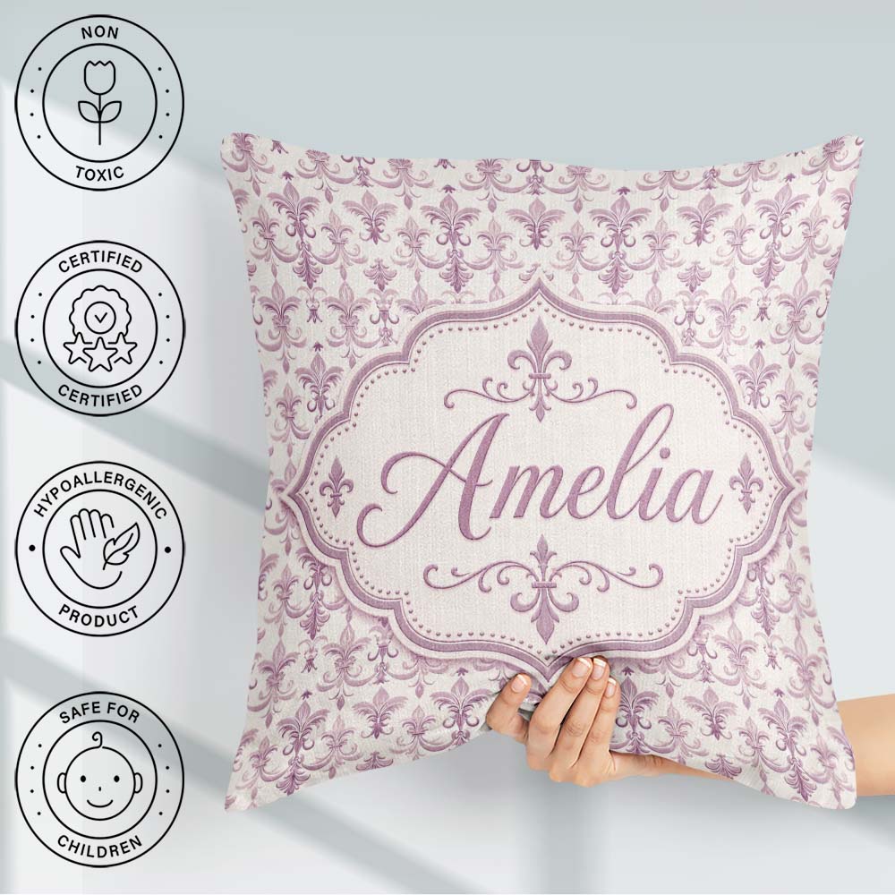 Custom Name Lavender Ornate Fleur De Lis Seamless Pattern Subtle Square Filled Cushion Throw Pillow Sofa Bed Home Decor Zip Washable UK Made
