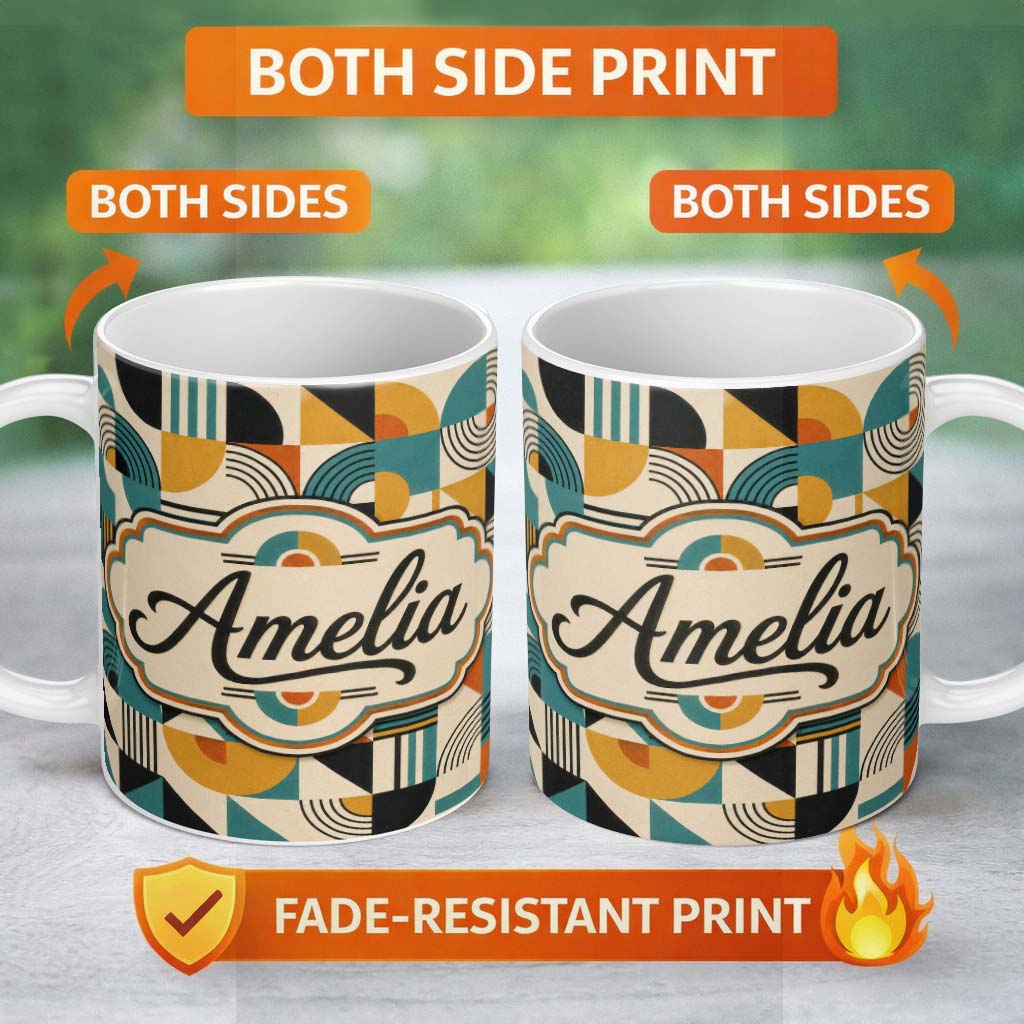 Personalized Custom Name Modern Geometric Abstract Shapes Teal Mustard Pattern Lovely 11oz Ceramic Coffee Tea Mug White Large Handle