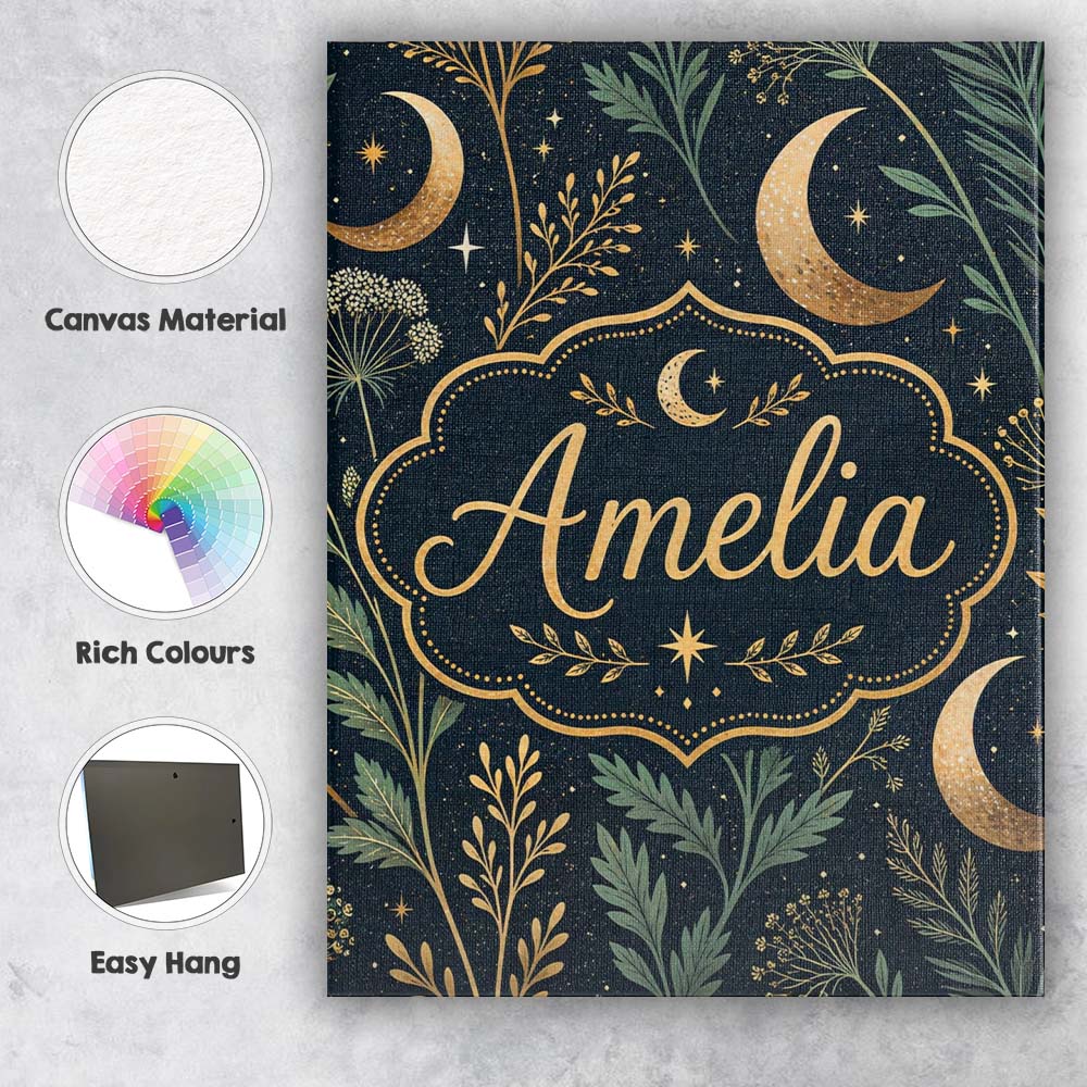 Personalised Name Golden Moon Stars Night Sky Botanical Garden Custom Modern Room Accent Canvas Wall Art Print Decor Picture Ready to Hang