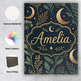 Personalised Name Golden Moon Stars Night Sky Botanical Garden Custom Modern Room Accent Canvas Wall Art Print Decor Picture Ready to Hang