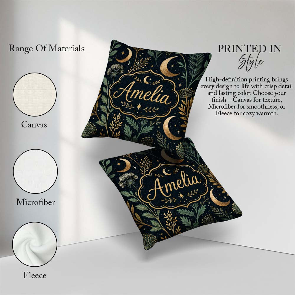 Custom Name Golden Moon Stars Night Sky Botanical Garden Pattern Square Filled Cushion Throw Pillow Sofa Bed Home Decor Zip Washable UK Made