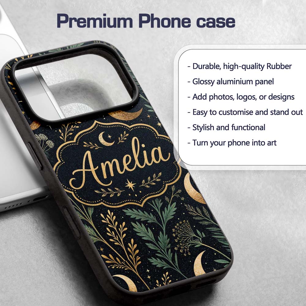 Golden Moon Stars Night Sky Botanical Garden Custom Name Protective Phone Case Mobile Cover Durable Everyday Smartphone Shock Resistant