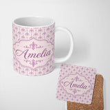 Personalized Custom Name Pastel Purple Decorative Damask Pattern Elegant Repeat Design Name 11oz Ceramic Coffee Tea Mug White Large Handle