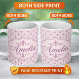 Personalized Custom Name Pastel Purple Decorative Damask Pattern Elegant Repeat Design Name 11oz Ceramic Coffee Tea Mug White Large Handle