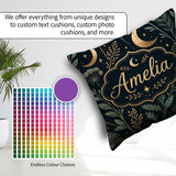Custom Name Golden Moon Stars Night Sky Botanical Garden Pattern Square Filled Cushion Throw Pillow Sofa Bed Home Decor Zip Washable UK Made