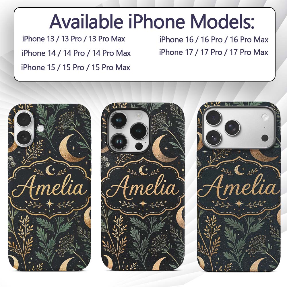 Golden Moon Stars Night Sky Botanical Garden Custom Name Protective Phone Case Mobile Cover Durable Everyday Smartphone Shock Resistant