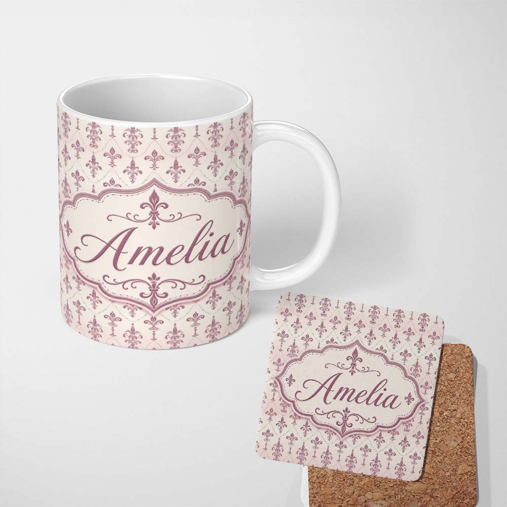 Personalized Custom Name Muted Lilac Vintage Fleur De Lis Pattern Soft Aged Background Name 11oz Ceramic Coffee Tea Mug White Large Handle