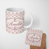 Personalized Custom Name Muted Lilac Vintage Fleur De Lis Pattern Soft Aged Background Name 11oz Ceramic Coffee Tea Mug White Large Handle