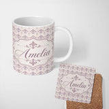 Personalized Custom Name Delicate Mauve Ornamental Damask Pattern Seamless Classic Style 11oz Ceramic Coffee Tea Mug White Large Handle