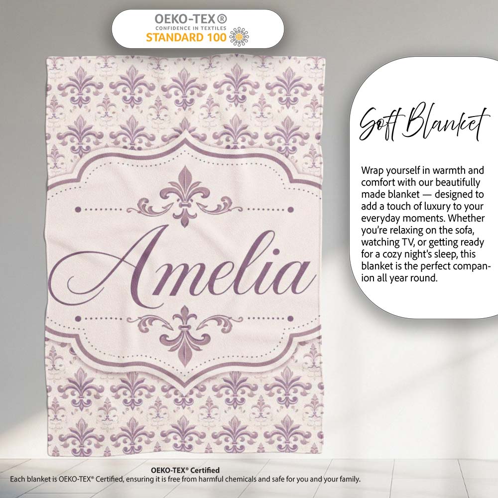 Delicate Mauve Ornamental Damask Pattern Seamless Classic Style  Personalised Custom Name Super Soft Fleece Blanket Bed Sofa Throw
