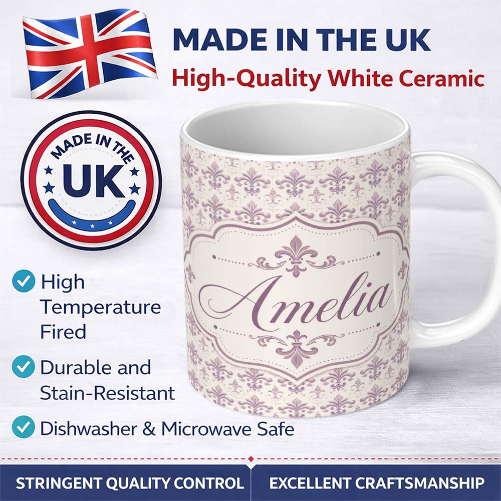 Personalized Custom Name Delicate Mauve Ornamental Damask Pattern Seamless Classic Style 11oz Ceramic Coffee Tea Mug White Large Handle