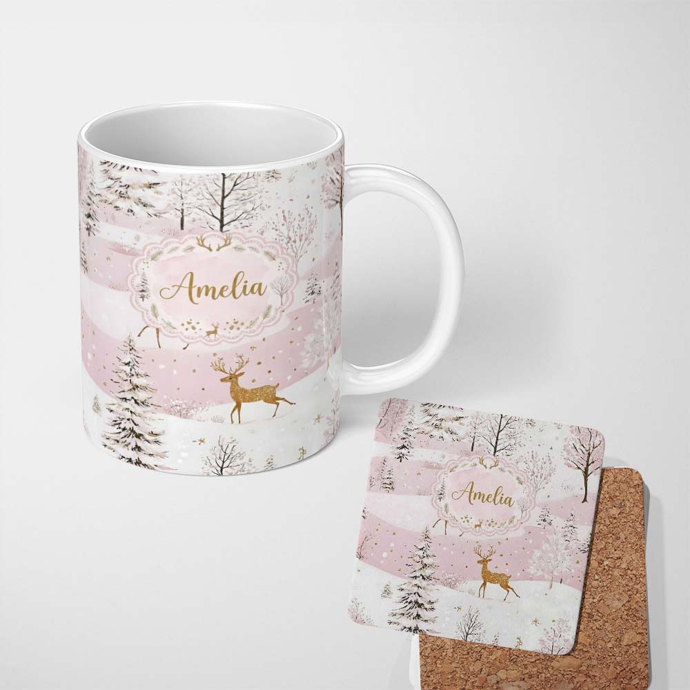 Personalized Custom Name Winter Deer Snow Forest Pink Landscape Seamless Pattern Lovely 11oz Ceramic Coffee Tea Mug White Large Handle