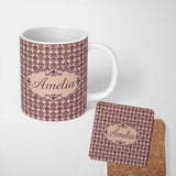 Personalized Custom Name Elegant Deep Plum Fleur De Lis Damask Seamless Pattern Classic 11oz Ceramic Coffee Tea Mug White Large Handle