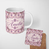 Personalized Custom Name Traditional Plum Fleur De Lis Pattern Symmetrical Vintage Design 11oz Ceramic Coffee Tea Mug White Large Handle