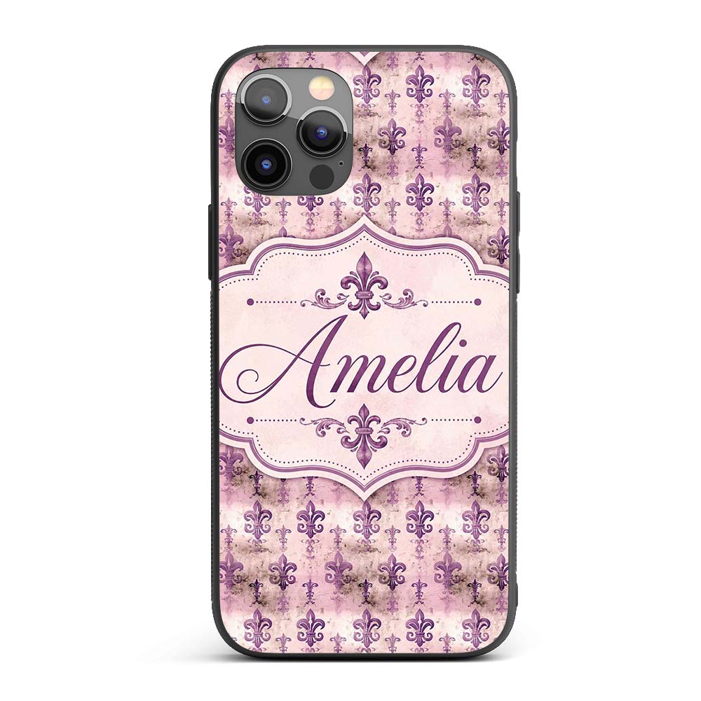 Traditional Plum Fleur De Lis Pattern Symmetrical Custom Name Protective Phone Case Mobile Cover Durable Everyday Smartphone Shock Resistant