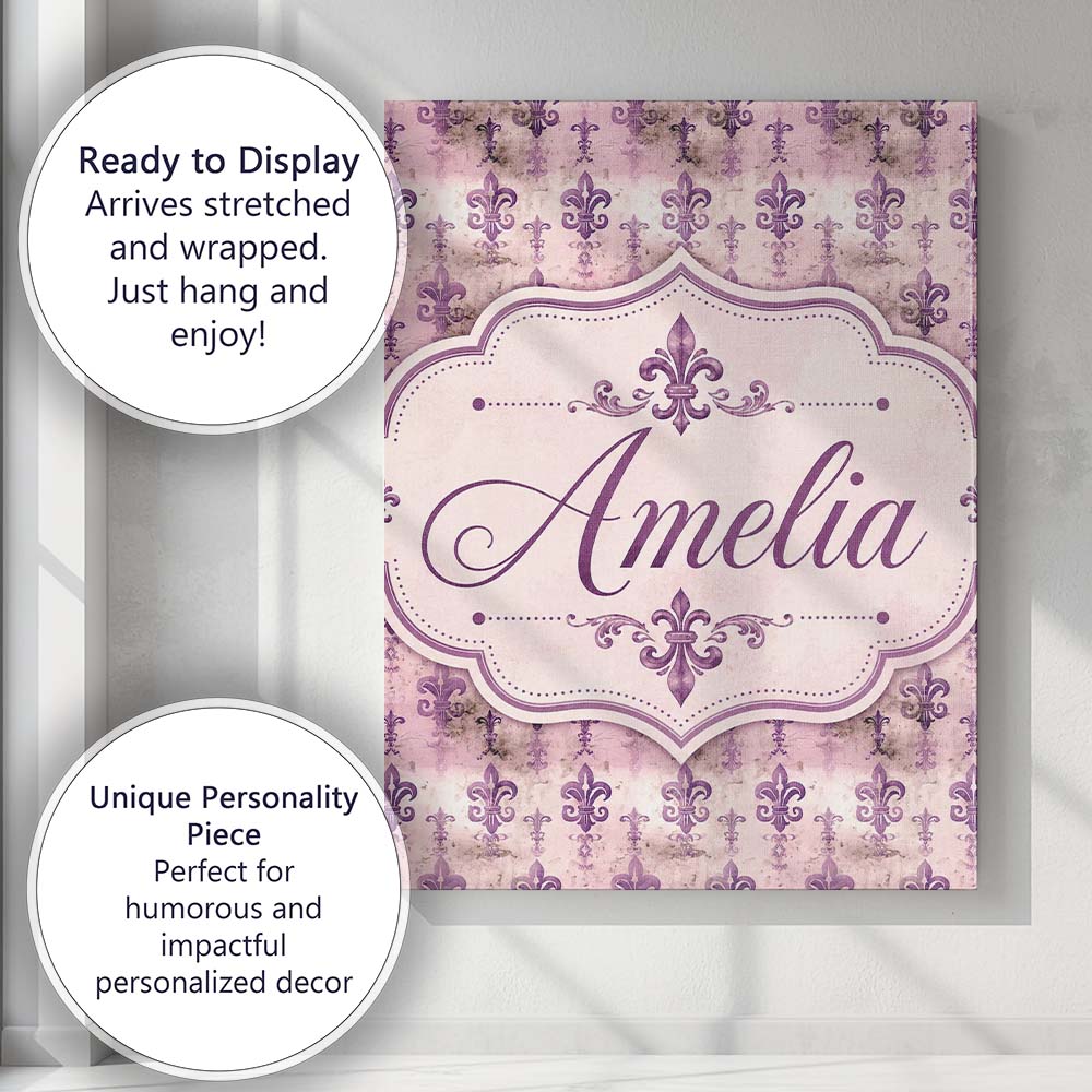 Personalised Name Traditional Plum Fleur De Custom  Bespoke Interior Contemporary Canvas Wall Art Print Decor Picture Ready to Hang