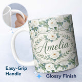 Personalized Custom Name Classic White Rose Bouquet with Blue Green Leaves Seamless Pattern 11oz Ceramic Coffee Tea Mug White Large Handle