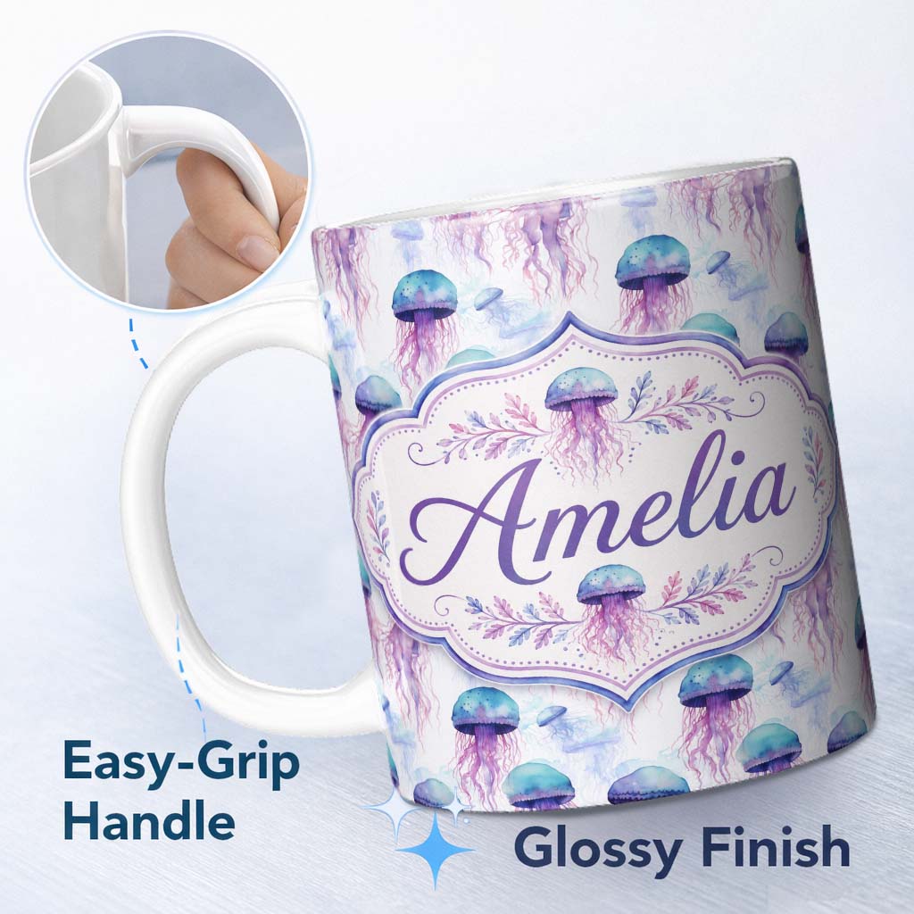 Personalized Custom Name Soft Pastel Jellyfish Floating Underwater Seamless Pattern on Light 11oz Ceramic Coffee Tea Mug White Large Handle