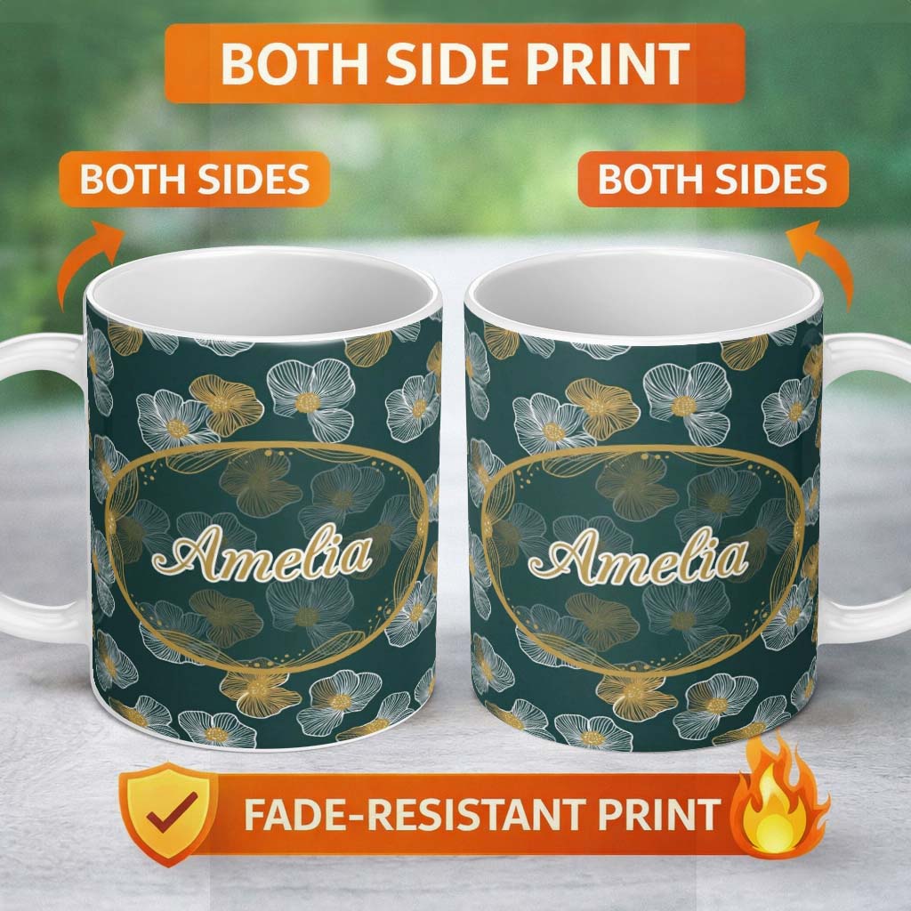 Personalized Custom Name Modern Teal Floral Pattern with White and Mustard Blossoms Minimal 11oz Ceramic Coffee Tea Mug White Large Handle