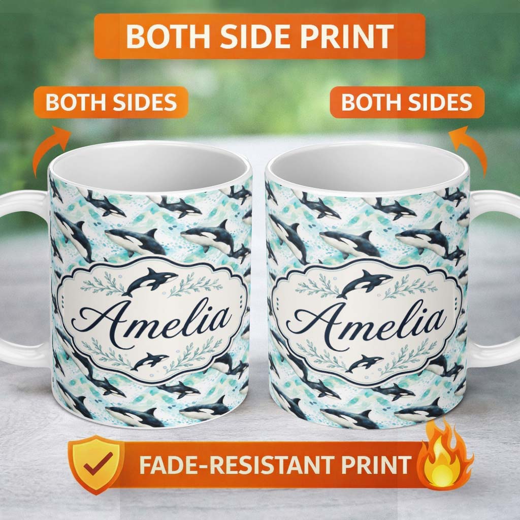 Personalized Custom Name Stylised Orca Whale Wave Seamless Pattern Nautical Ocean Scene 11oz Ceramic Coffee Tea Mug White Large Handle