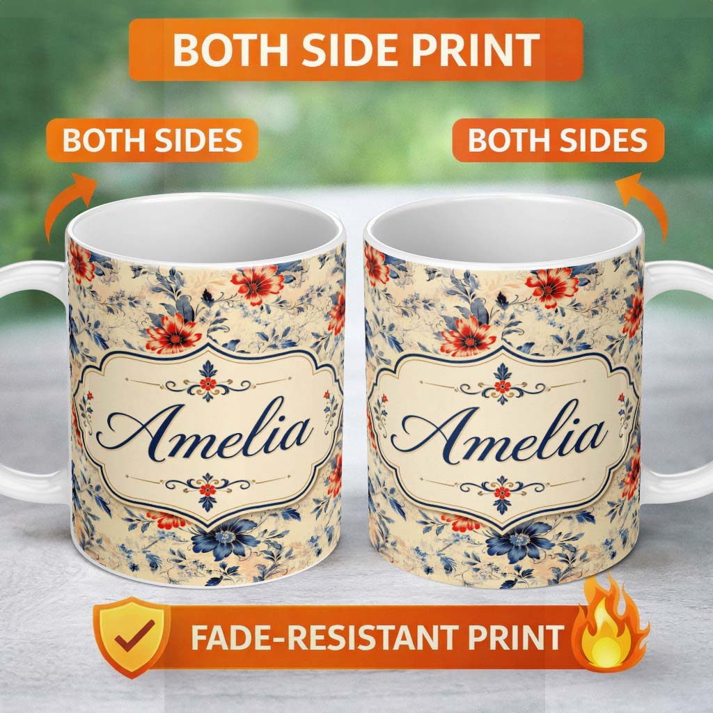 Personalized Custom Name Blue Red Botanical Floral Vintage Seamless Pattern Cute Unique Gift 11oz Ceramic Coffee Tea Mug White Large Handle