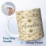 Personalized Custom Name Minimal Beige Air Plant Botanical Seamless Pattern Design Lovely 11oz Ceramic Coffee Tea Mug White Large Handle