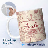 Personalized Custom Name Classic Red Line Art Rose Botanical Seamless Pattern Design Lovely 11oz Ceramic Coffee Tea Mug White Large Handle