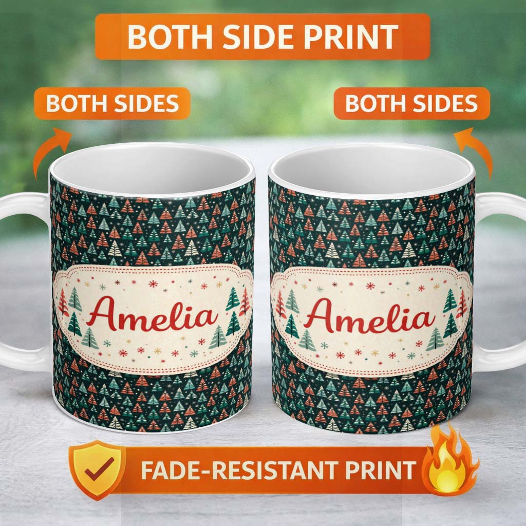 Personalized Custom Name Dark Background Christmas Trees Festive Seamless Pattern Lovely 11oz Ceramic Coffee Tea Mug White Large Handle