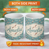 Personalized Custom Name Flying Seagulls Over Ocean Waves Style Seamless Pattern Lovely 11oz Ceramic Coffee Tea Mug White Large Handle