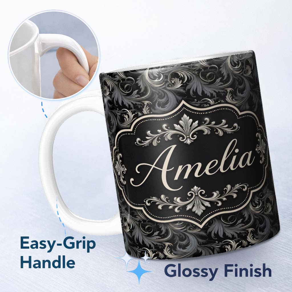 Personalized Custom Name Luxury Dark Baroque Floral in Black and Silver Ornate Swirl Design 11oz Ceramic Coffee Tea Mug White Large Handle