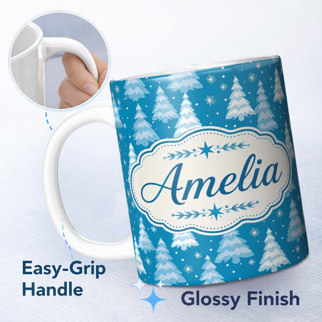 Personalized Custom Name Snowy Blue Winter Christmas Trees Snowflakes Seamless Pattern Lovely 11oz Ceramic Coffee Tea Mug White Large Handle