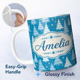 Personalized Custom Name Snowy Blue Winter Christmas Trees Snowflakes Seamless Pattern Lovely 11oz Ceramic Coffee Tea Mug White Large Handle