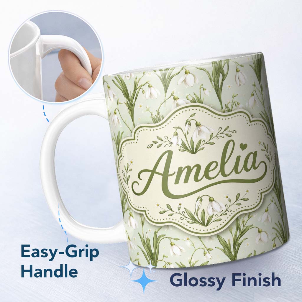 Personalized Custom Name White Bell Flowers with Soft Green Foliage on Light Background 11oz Ceramic Coffee Tea Mug White Large Handle