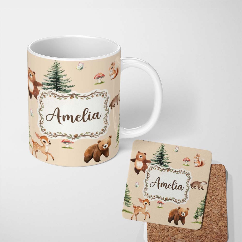 Personalized Custom Name Forest Animals Bear Bunny Squirrel Trees on Warm Beige Seamless 11oz Ceramic Coffee Tea Mug White Large Handle