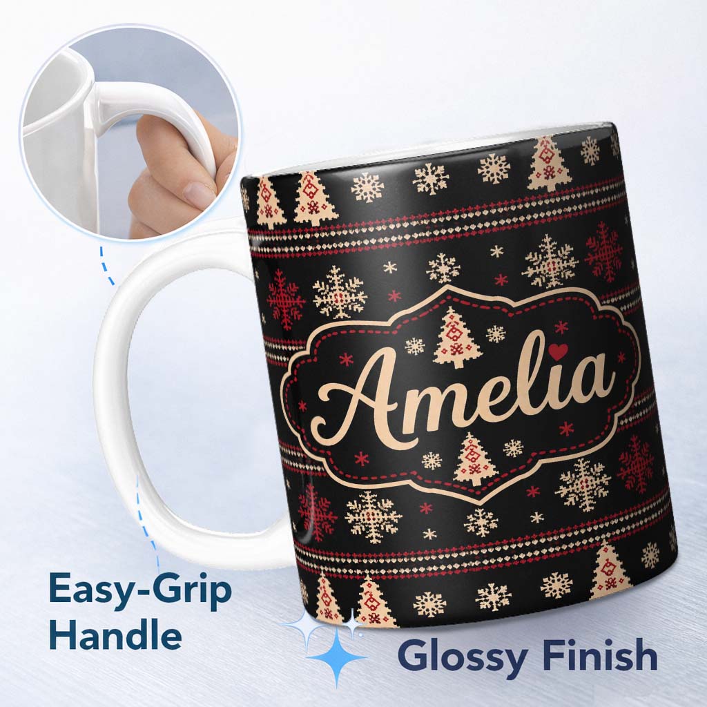 Personalized Custom Name Black Red Nordic Christmas Tree Snowflake Knit Seamless Pattern 11oz Ceramic Coffee Tea Mug White Large Handle