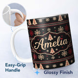 Personalized Custom Name Black Red Nordic Christmas Tree Snowflake Knit Seamless Pattern 11oz Ceramic Coffee Tea Mug White Large Handle
